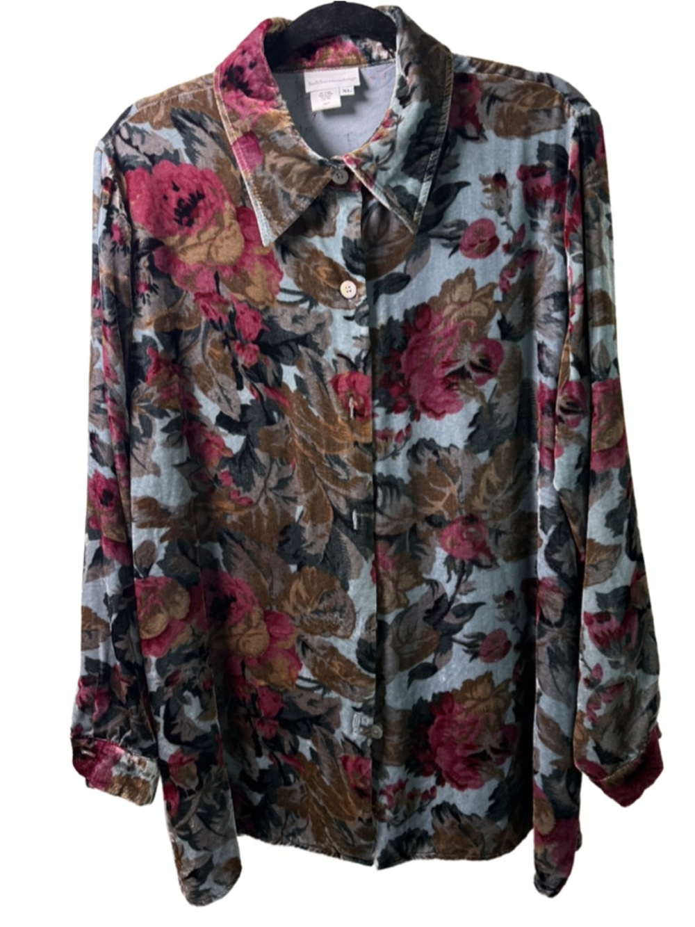 Soft Surroundings Floral Velour Button-Up in Dusty Blue, Pink & Gold